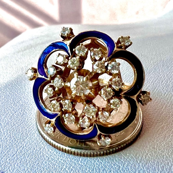 VINTAGE 14K YELLOW GOLD DIAMOND COBALT BLUE ENAMEL RING STATEMENT CUSTOM MADE - Picture 13 of 16